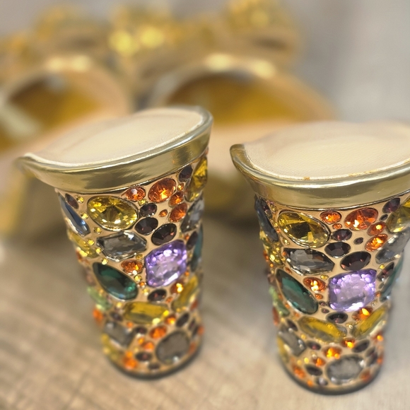 Chic Gold Bow Mules With Multi Colored Stone Jeweled Heels - Picture 2 of 6